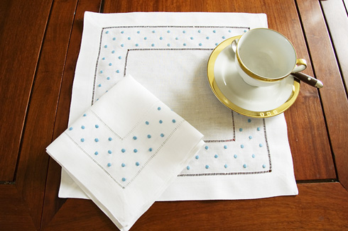 Square Linen Napkin. Capri Blue color Swiss Polka Dots. 14".